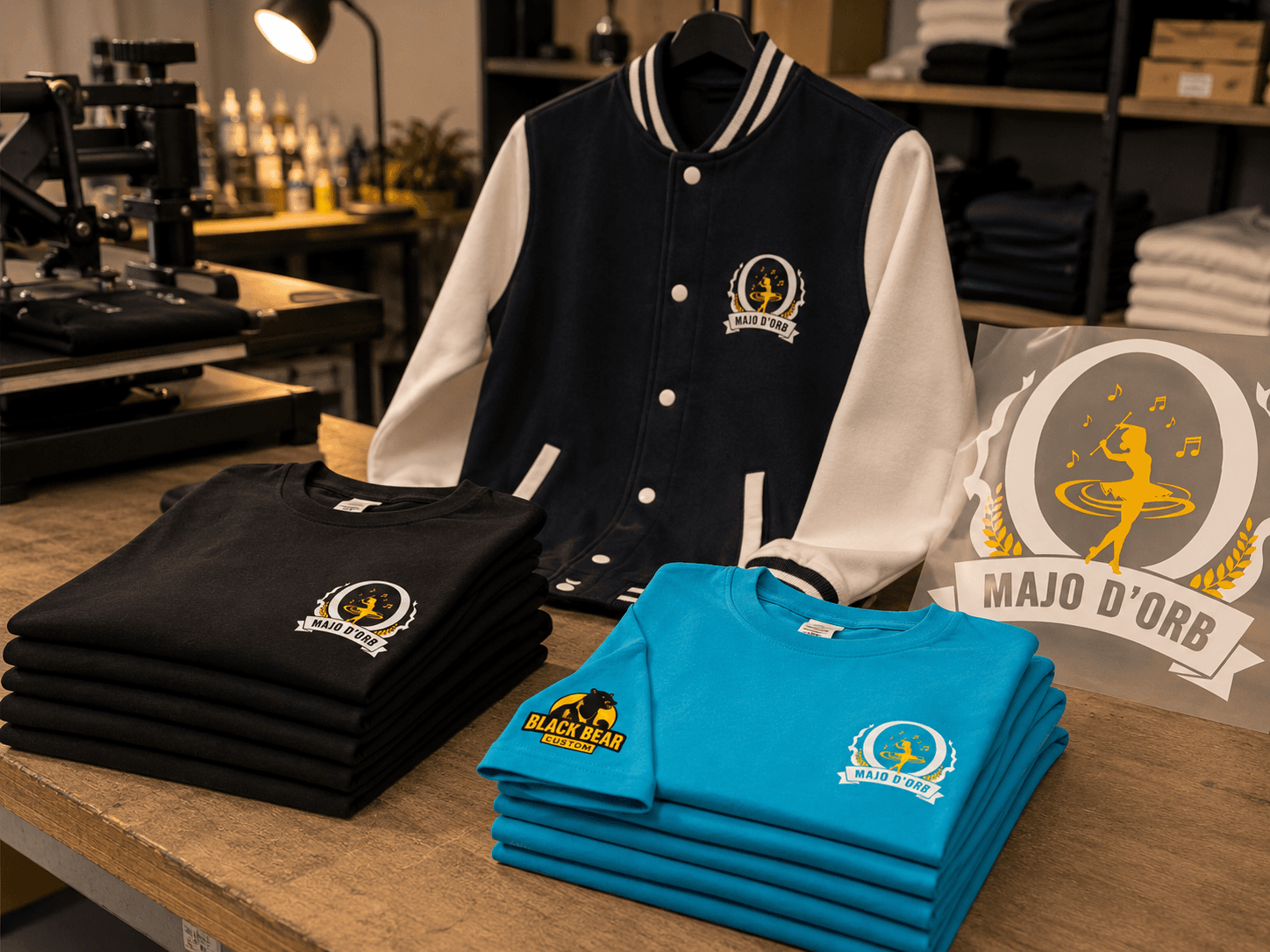 Veste teddy et t-shirts noirs et bleus floqués du logo Majo d'Orb en impression DTF