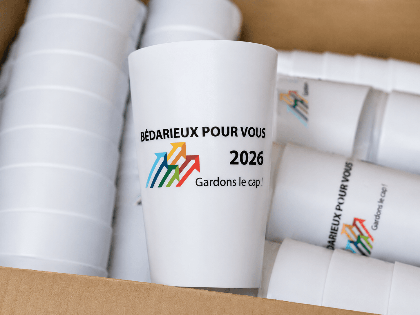 Éco-cups et jetons de caddy personnalisés « Bédarieux Pour Vous 2026 — Gardons le cap ! »