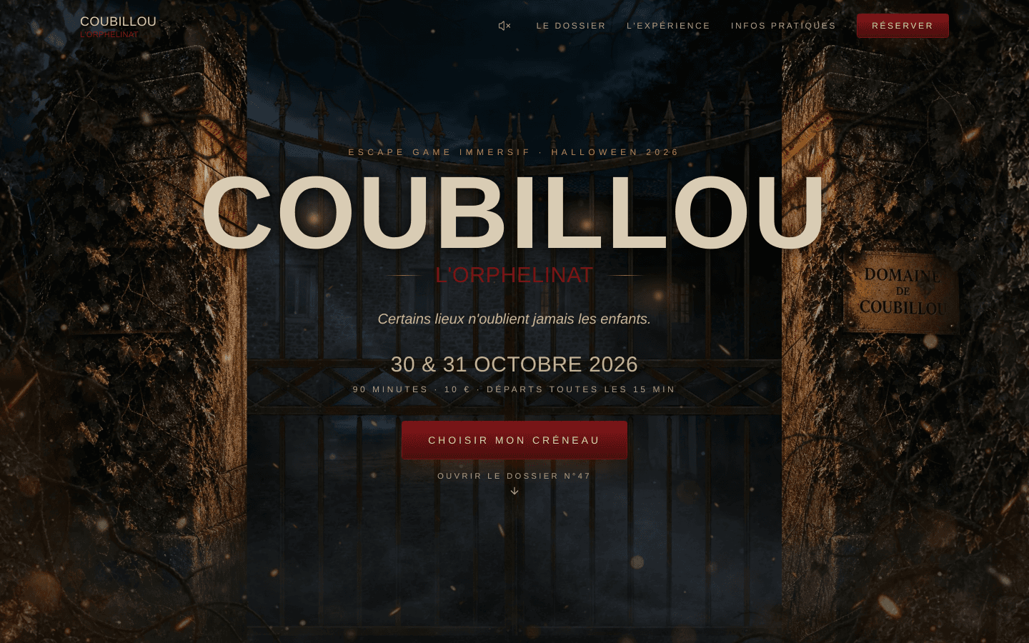 Page d'accueil de coubillou.cehc.fr : le portail du domaine, le titre COUBILLOU, les dates et le bouton Choisir mon créneau
