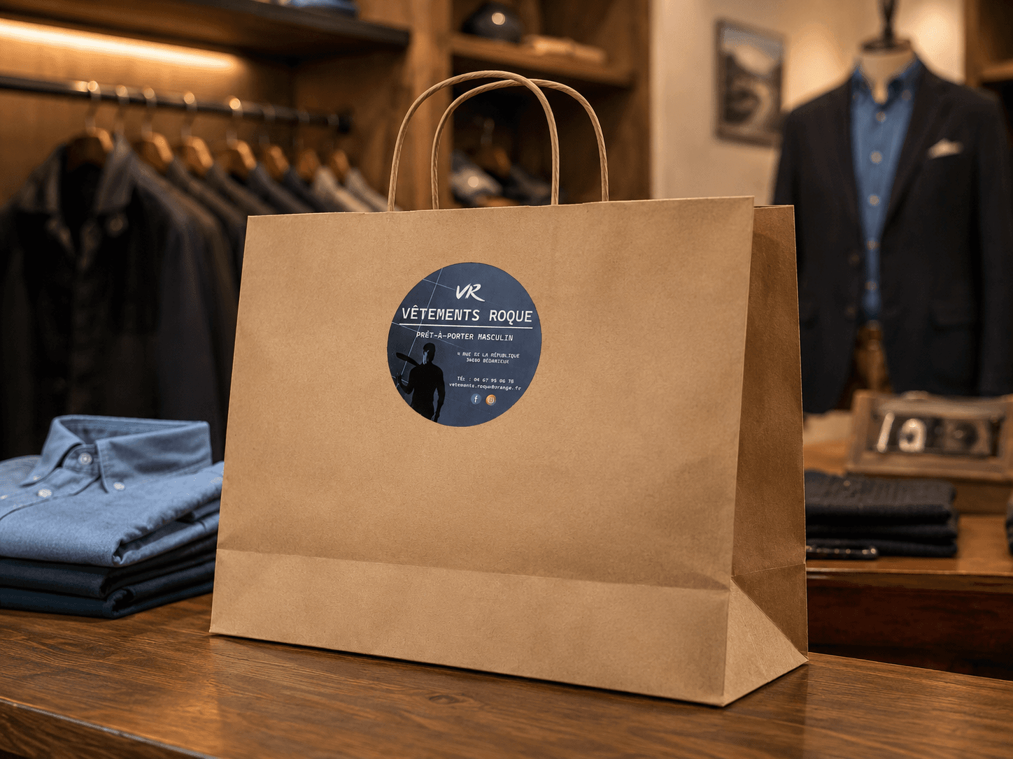 Sac kraft Vêtements Roque avec sticker rond au logo de la boutique, posé sur le comptoir en bois