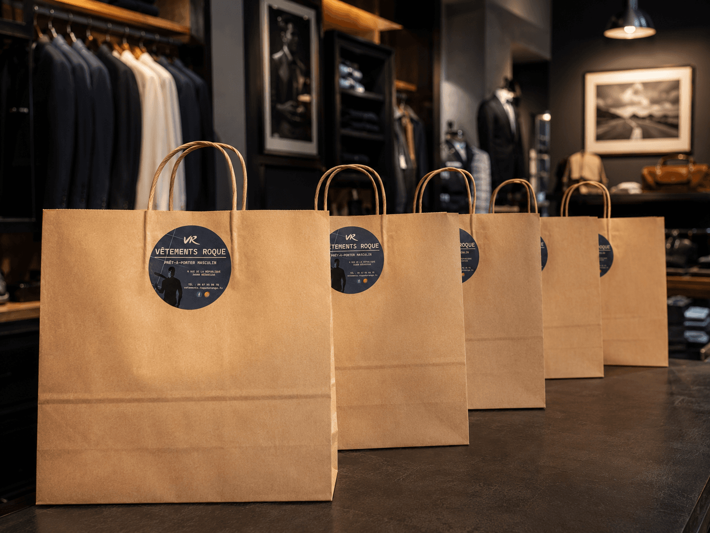 Rangée de sacs kraft Vêtements Roque personnalisés avec le sticker au logo, sur le comptoir de la boutique