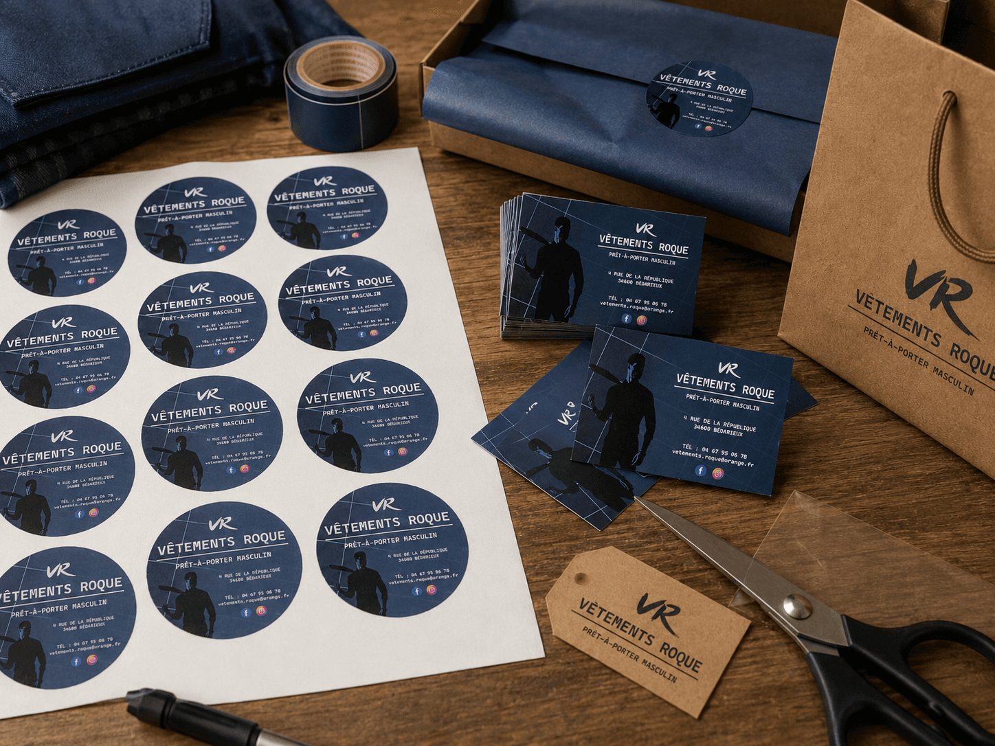 Planche de stickers ronds, cartes de visite et sac kraft au logo Vêtements Roque