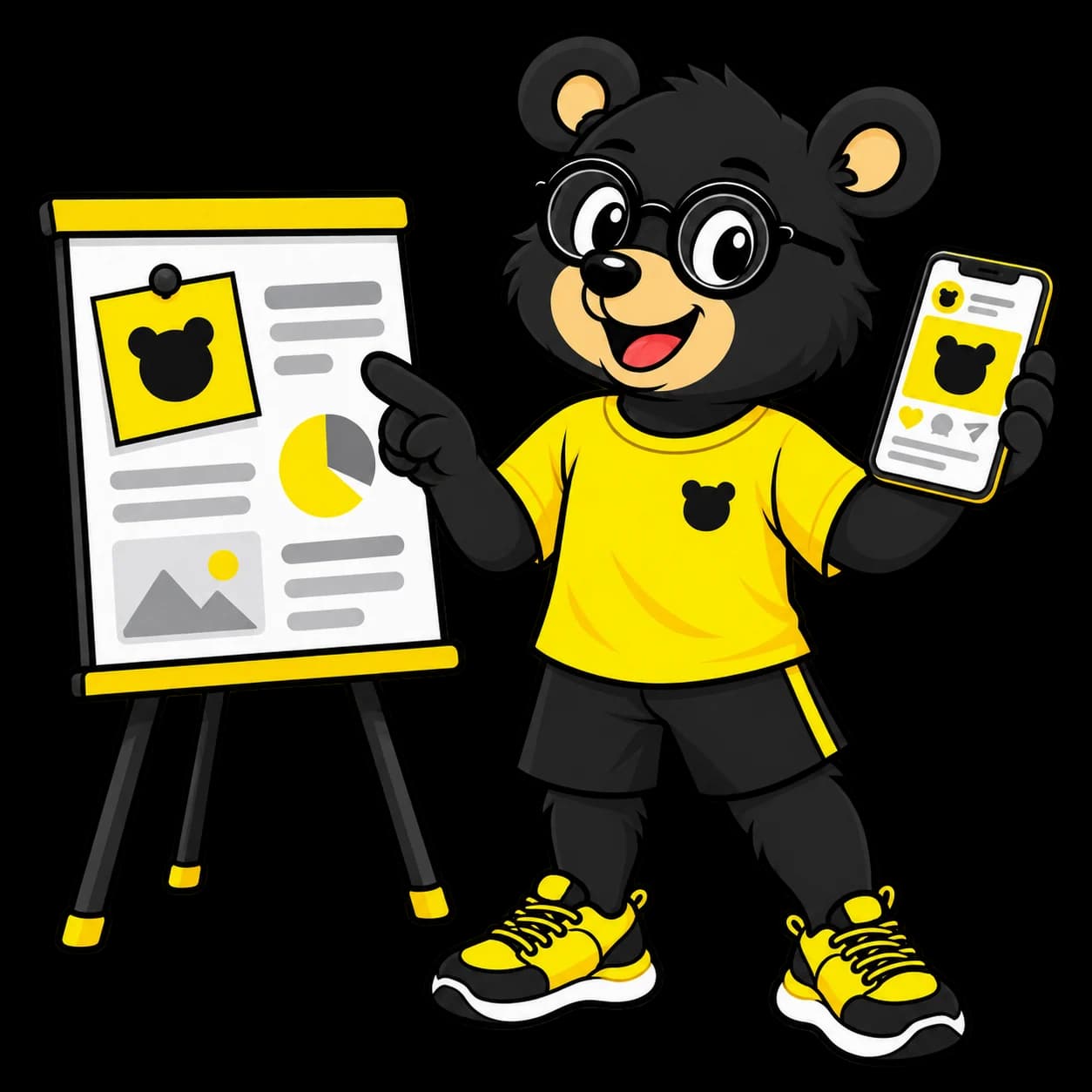 L'ours Black Bear devant un panneau où sont épinglés un logo, une carte de visite et un flyer