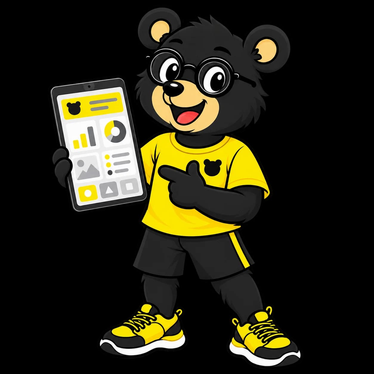 L'ours Black Bear présentant une tablette où tourne une petite application