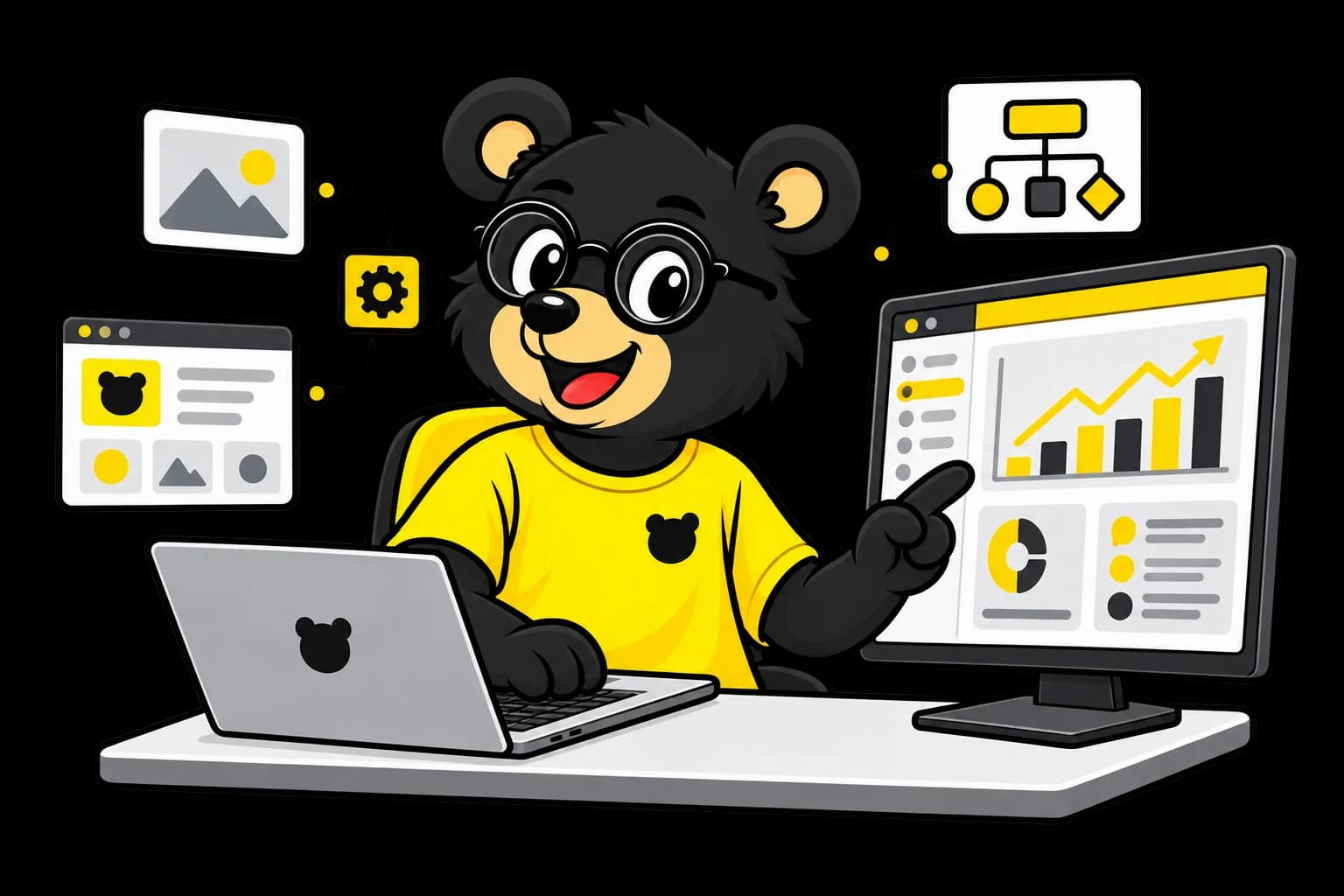 L'ours Black Bear à son bureau, devant un ordinateur portable et un écran affichant un tableau de bord