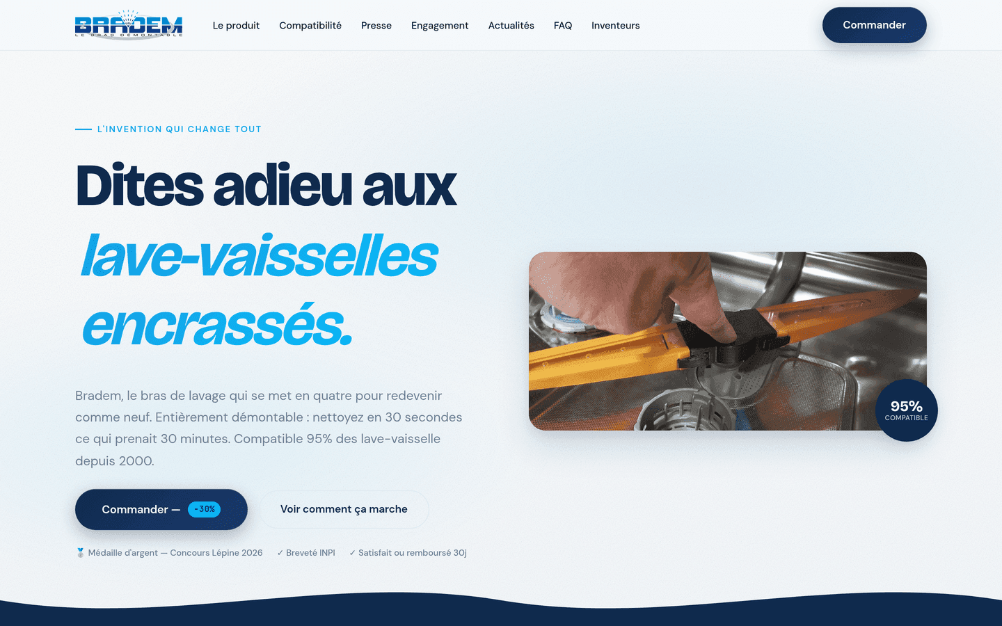 Page d'accueil de bradem.fr : Dites adieu aux lave-vaisselles encrassés, avec la photo du bras démontable et le badge 95 % compatible