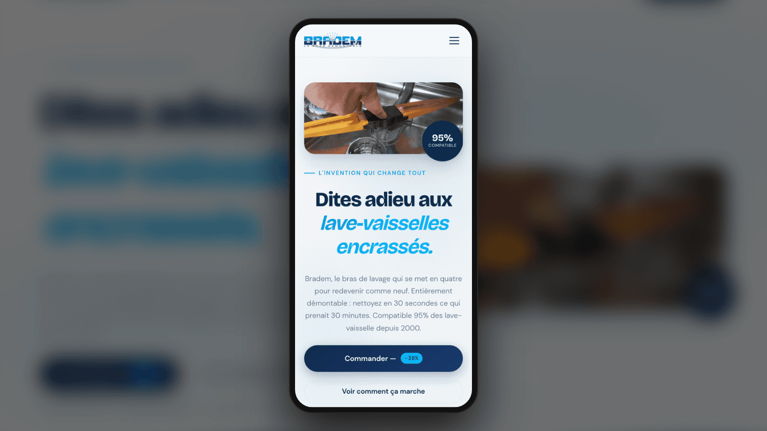 Accueil de bradem.fr sur téléphone : la photo du bras, le titre et le bouton Commander