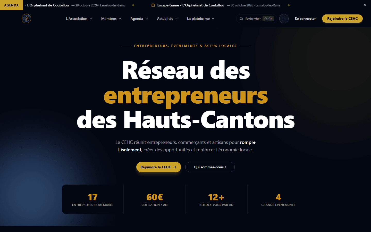 Page d'accueil de cehc.fr en thème sombre : « Réseau des entrepreneurs des Hauts-Cantons », boutons Rejoindre le CEHC et Qui sommes-nous, bandeau agenda en haut