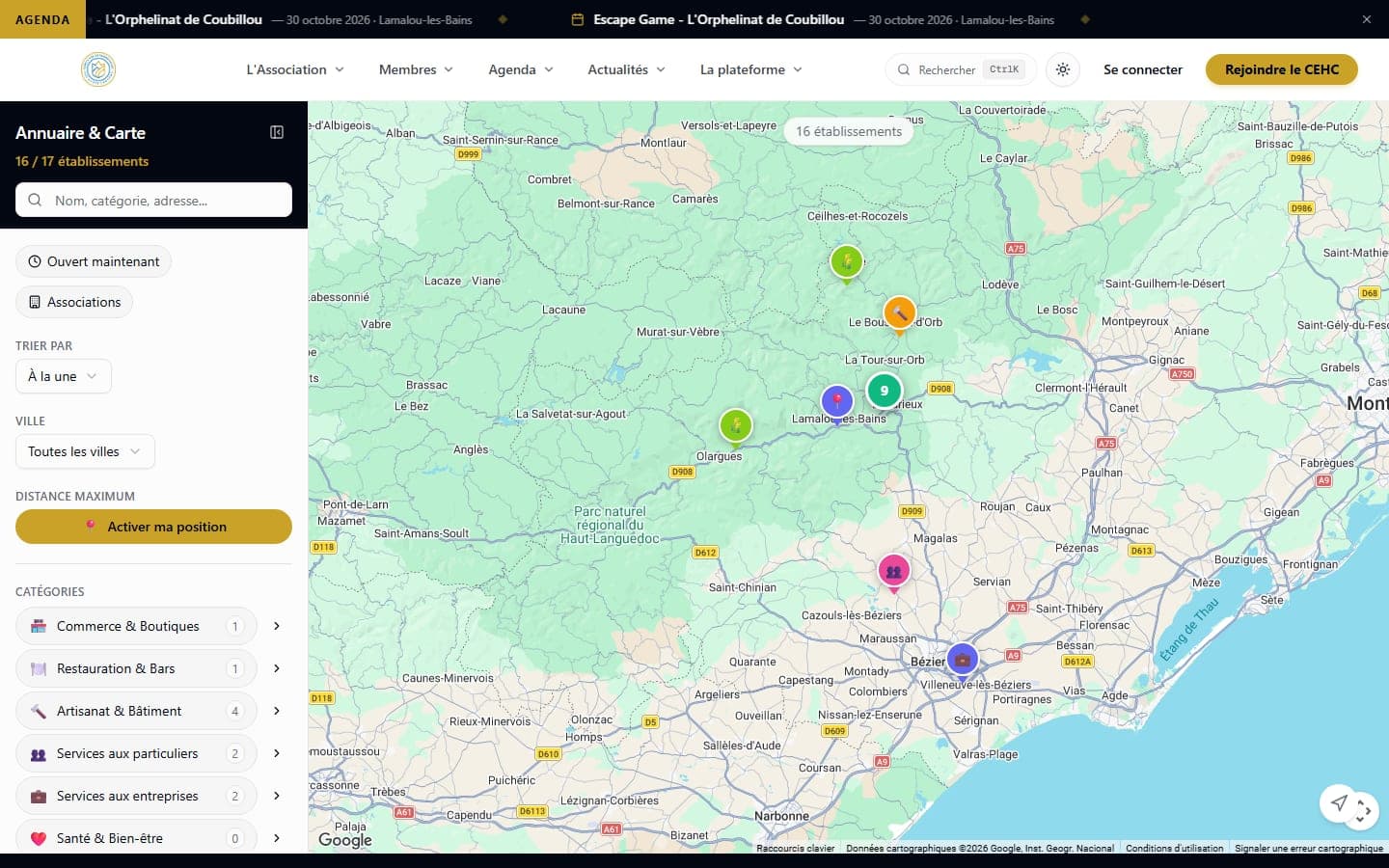 Carte interactive de cehc.fr : épingles de couleur par catégorie sur les Hauts-Cantons, panneau de filtres avec Ouvert maintenant, ville, distance et catégories