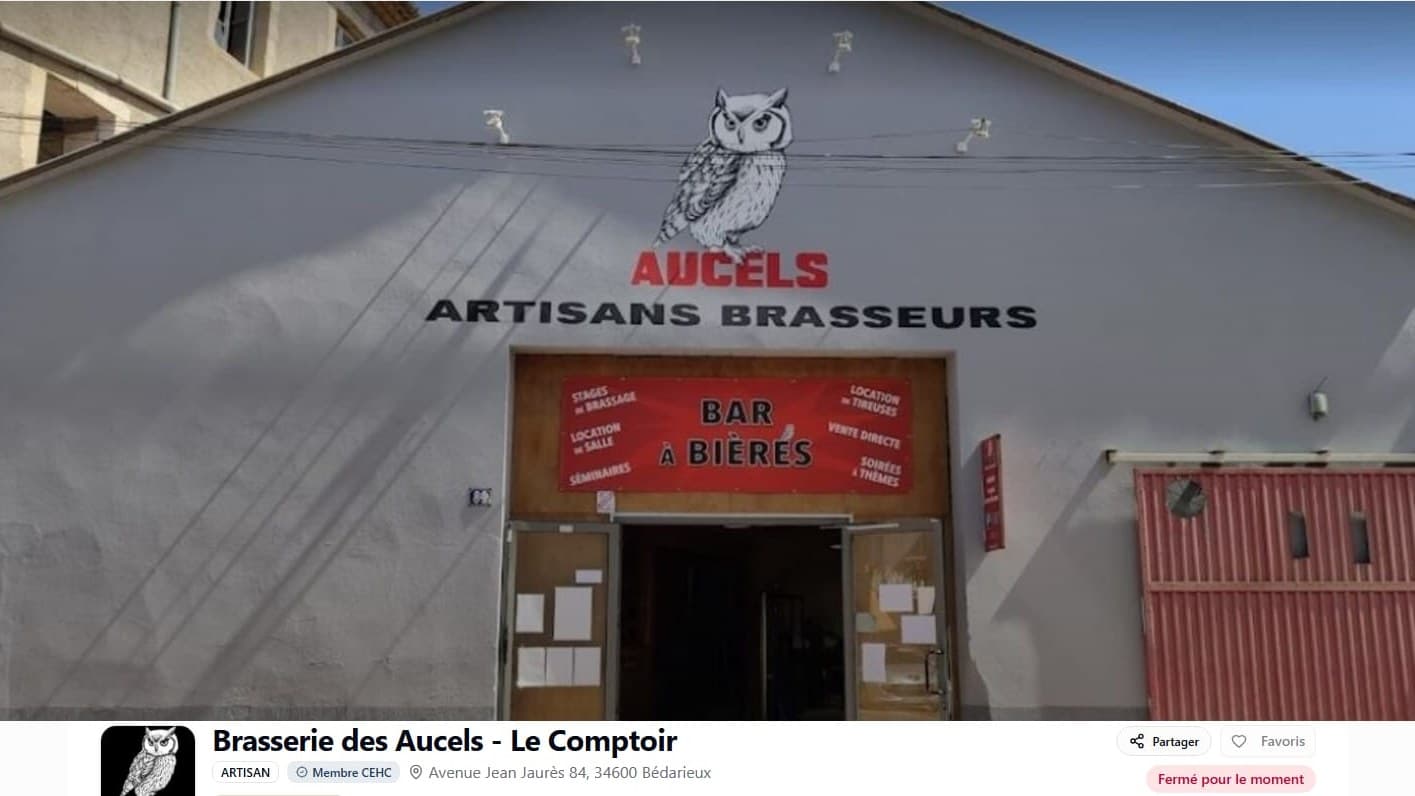 Fiche de la Brasserie des Aucels à Bédarieux sur cehc.fr : photo de la façade, badge Membre CEHC, adresse, boutons Partager et Favoris