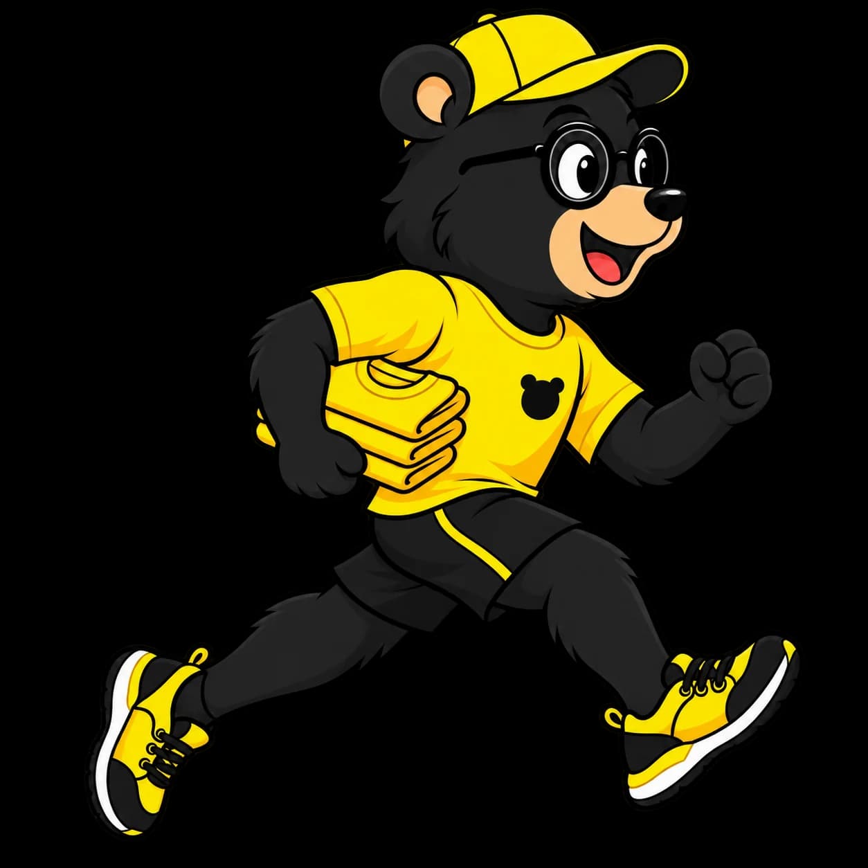 L'ours Black Bear courant sur la piste, une pile de t-shirts sous le bras
